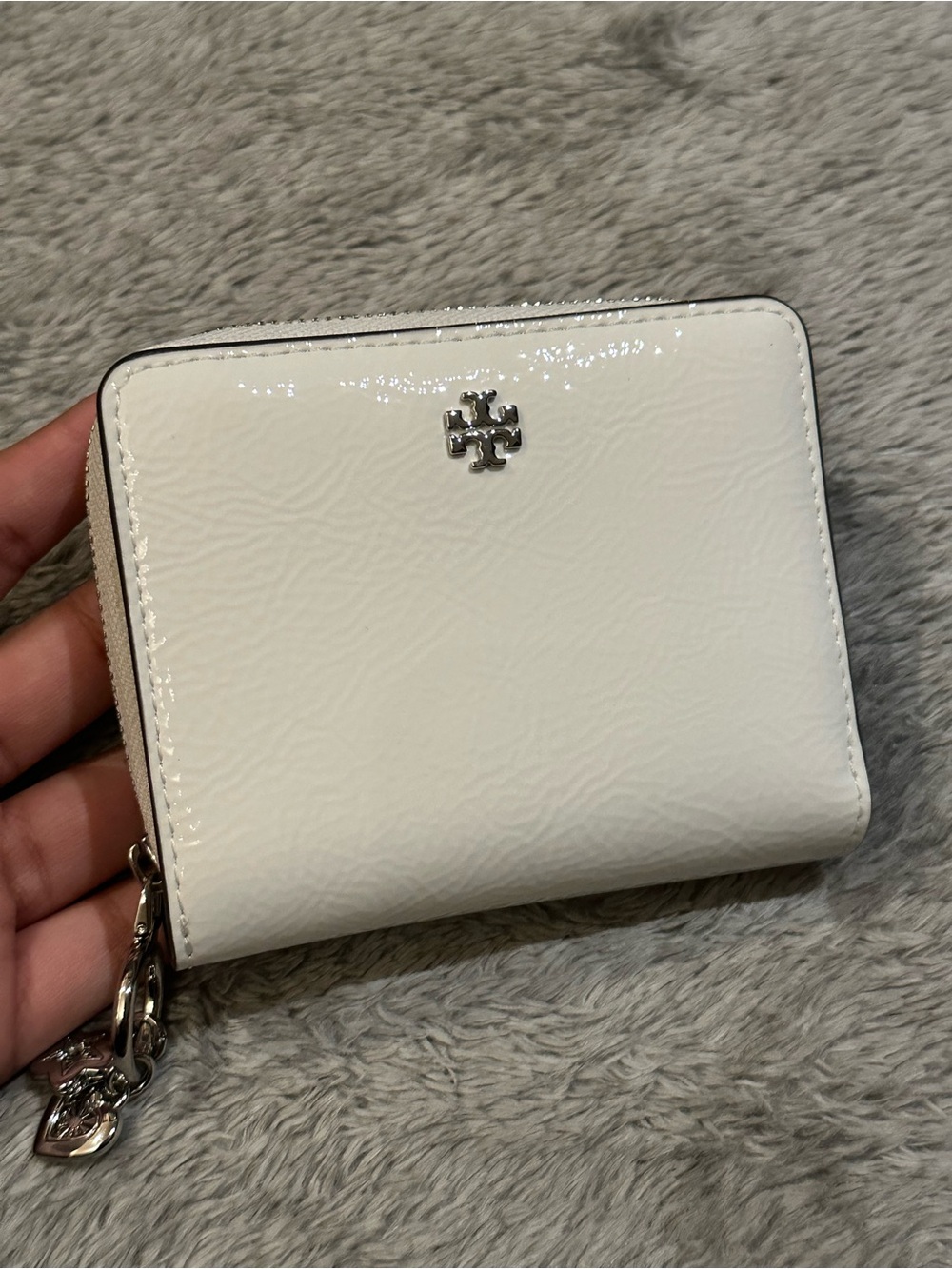 Tory Burch Cream Patent Leather Zip-Around Wallet with Logo Charm